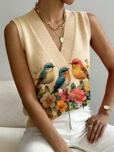 Women's Natural Farmhouse Style Bird Floral Print V-Neck Sleeveless Knit Sweater Vest Womenswear, Casual Breathable Knitted Top for Spring Summer Fall