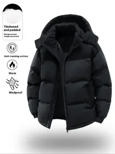 Men's Casual Hooded Down Jacket with Polyester Fiber Filling, Solid-Color Long Sleeve Warm Outerwear with Detachable Hat for Winter
