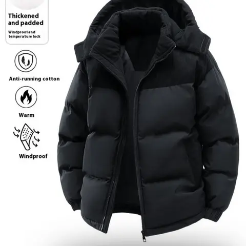 Men's Casual Hooded Down Jacket, Polyester Fiber Filled, Winter Color Block Design, Long Sleeve Detachable Hat, Warm Fall Outerwear