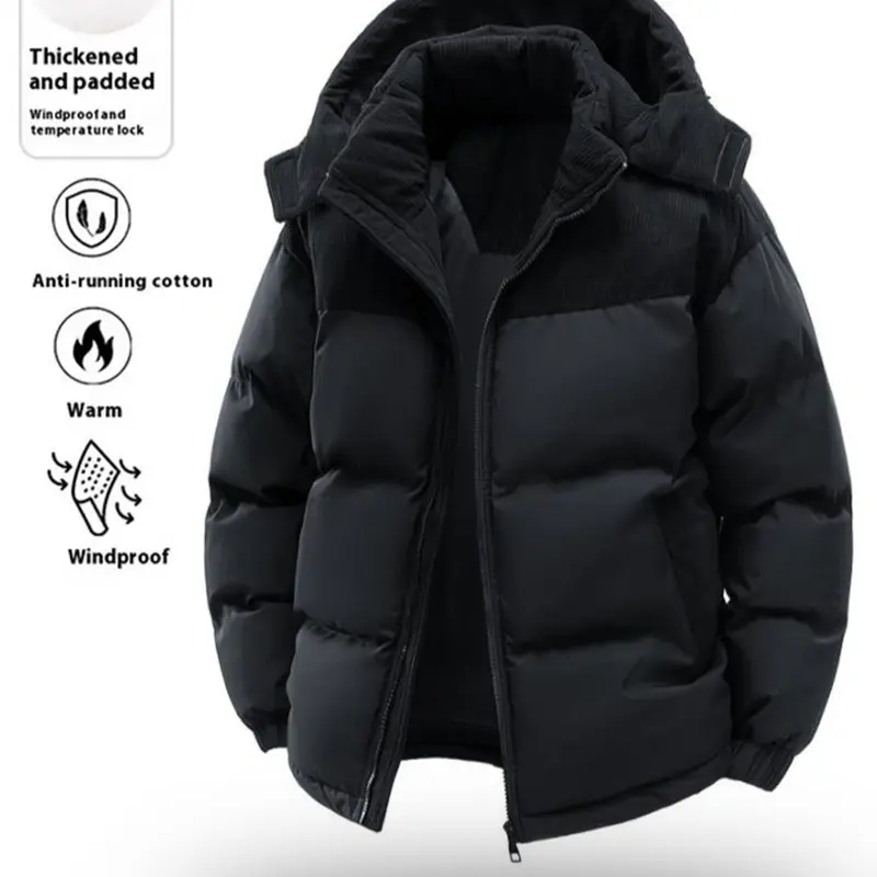 Men's Casual Hooded Down Jacket, Polyester Fiber Filled, Winter Color Block Design, Long Sleeve Detachable Hat, Warm Fall Outerwear