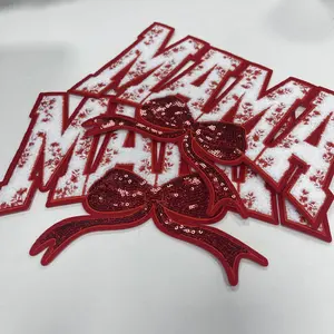Iron On Patches Chenille MAMA Bow Embroidered Sequin Applique Glitter Edge Diy Cute Accessories for Clothing Backpacks Jackets Decoration,Red