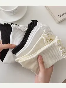 Women's Wooden Edge Socks Set, Casual Breathable Soft Gathered Sailor Socks, Cute Ankle Lettuce Trim Boat Crew Sports Socks, Womenswear Everyday