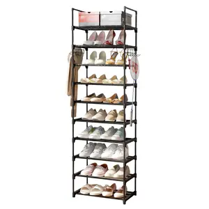10-tier shoe rack, large capacity, can hold 20-24 pairs of shoes and boots, metal shoe rack with 2 hooks (black), waterproof.