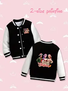 KPop Dem Girls' Christmas Huntrix Baseball Jacket, Soft Cartoon Print, Fitted Design, Casual Cute Outerwear, for Holiday Parties & Family Activities, HUNTR/X, Saja Boys, TWICE, MeloMance, JOKERs