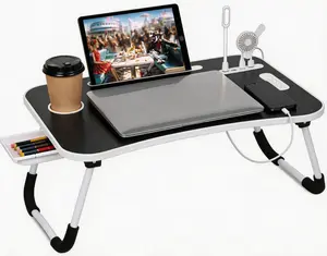 Lap Desk with Cup Holder, Foldable Laptop Table for Bed, Portable Bed Desk for Laptop and Writing, Computer Tray with Tablet Slot, Notebook Stand Reading Holder for Couch Sofa Floor,Pink、Black