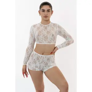 FNS079 - Floral Lace Long Sleeve Crop Top