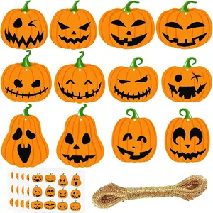 60 count 12 Styles Halloween Pumpkin Cutouts  Tags Paper Wrapping Hanging  Ornaments Labels with String for Halloween Candy Bags Classroom Bulletin Board Decorations (Style A)