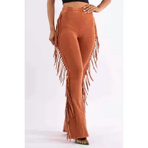 Burnt orange flared leggings with side fringe