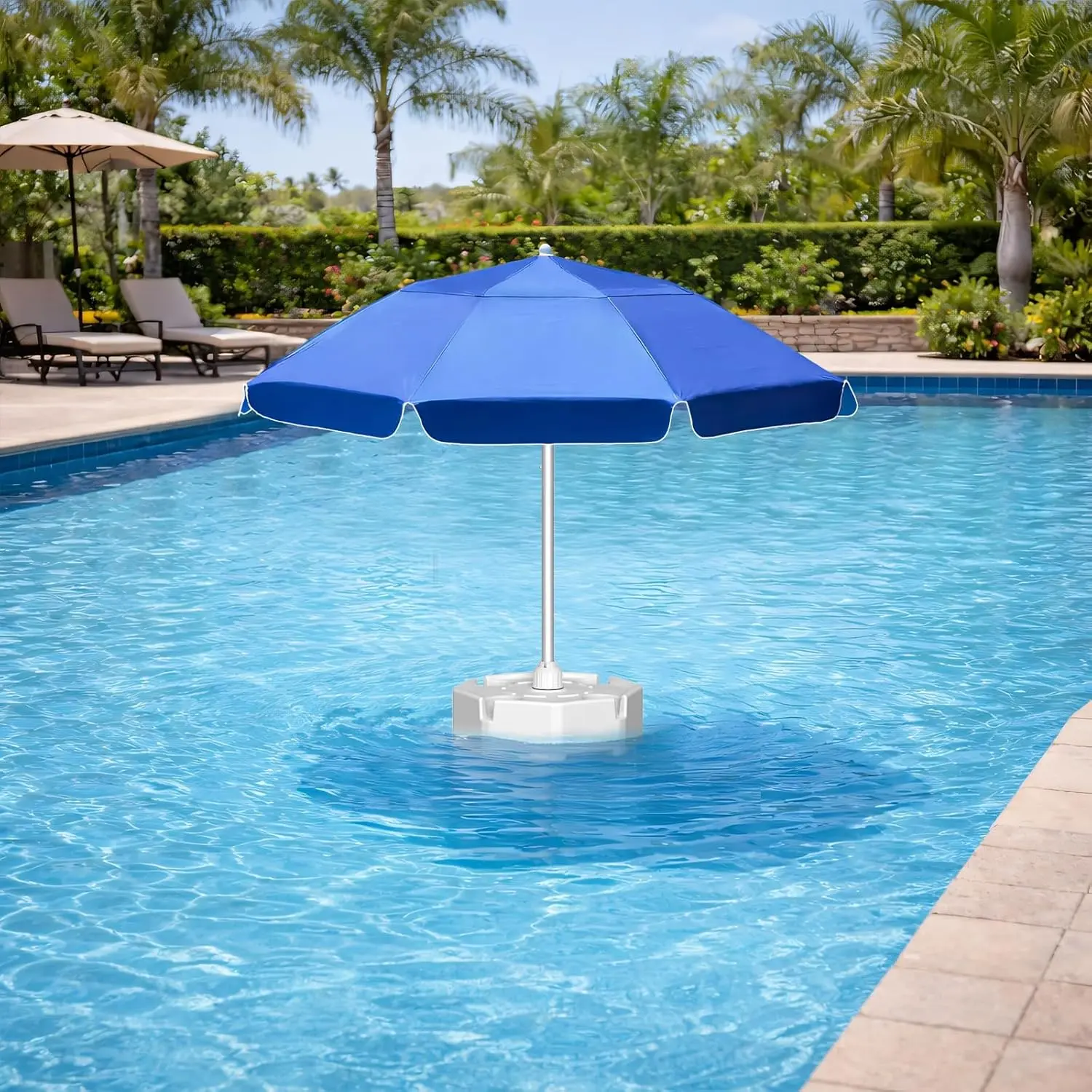 Outdoor Floating Pool Umbrella - 7ft Wide Cool Shade, 7-ft Diameter, 30 lbs Weighted Floating Base, 4 Deep Cupholders Table, Corrosion-Resistant Aluminium Sun Protection, Tool-Free Setup, No Fire Safety Label for Pool, Lake