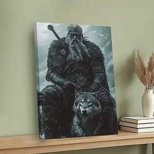 1 piece of Viking warrior and wolf framed canvas print - Nordic Viking warrior and wolf, dark tones with snowy background - Suitable for wall decoration in living room or office, ready to hang immediately - Men's cave-style Nordic Scandinavian wall art -