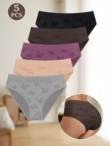 Women's Seamless Butterfly Letter Embroidered Panties, Breathable Comfort Soft Skin-Friendly Underwear, Pack of 5 Fit