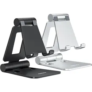 Nulaxy 2 Pack Dual Folding Cell Phone Stand, Fully Adjustable Foldable Desktop Phone Holder Cradle Dock Compatible with Phone 16 15 14 13 12 Pro Xs Xs Max Xr X 8, All Phones, Black & Silver