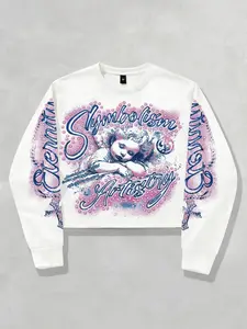 Angel print, black and white striped small logo long sleeved T-shirt, spring and autumn thin, Unisex, European and American fashion brand street casual round neck long sleeved T-shirt