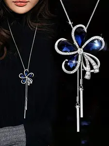 Women's Long Sweater Chain Necklace, Drop Necklace, Artificial Crystal Flower Pendant Jewelry, Versatile Fashion Accessory for Women