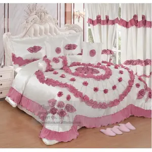 Wedding Set - Pink and White Bedding with Floral Design and Ruffled Edges