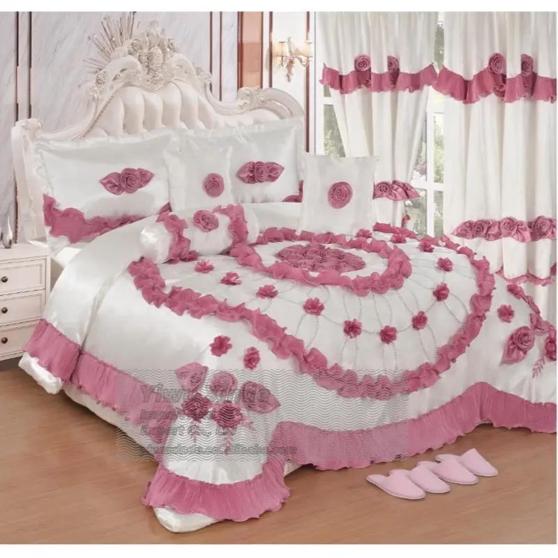 Wedding Set - Pink and White Bedding with Floral Design and Ruffled Edges