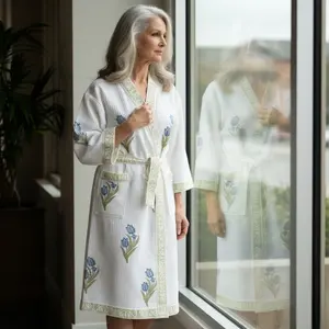 Ginny and Daughters Blue Green Bloom Hand Block-Printed Robe - 100% Cotton, Adjustable Waist Tie, Full-Length Silhouette, Artisanal Floral Motifs