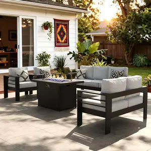 LayinSun Outdoor Aluminum Furniture Set with Fire Pit Table, Patio Sectional Conversation Chat Sofa Modern Seating Set