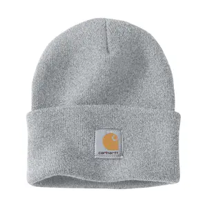Carhartt Heather Grey Rib Knit Cuffed Beanie - A18-HGY, 100% Acrylic High-Quality Adjustable Fold-Up Cuff Knitted Hat, Patch Detail, Men's Clothing Accessory, Casual Birthday Gift