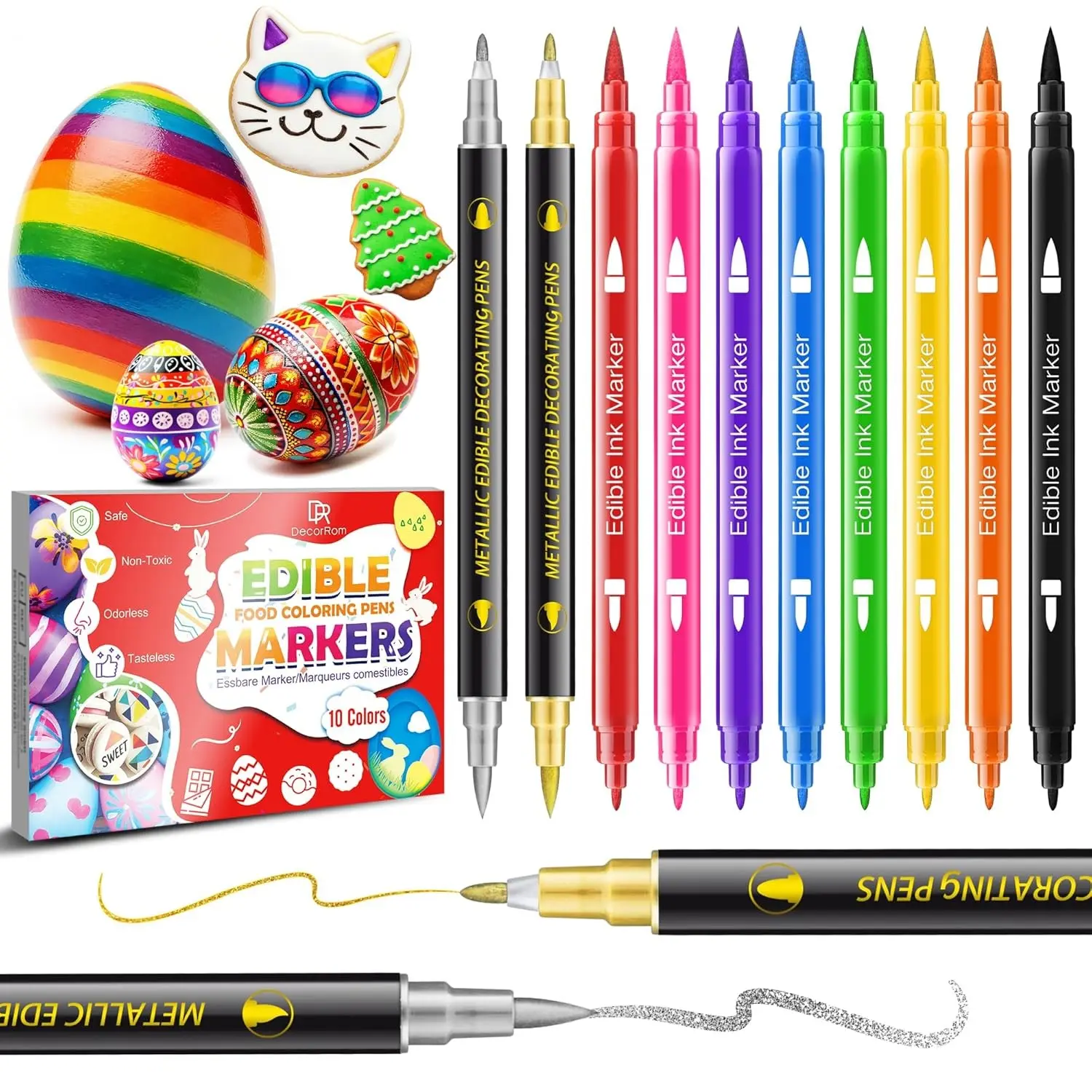 10Pcs Double Side Food Grade Edible Markers with Fine & Thick Tip, Food Coloring Pens for Cookie Cake Decorating, Easter Eggs, Fondant, Frosting, Baking, Macarons