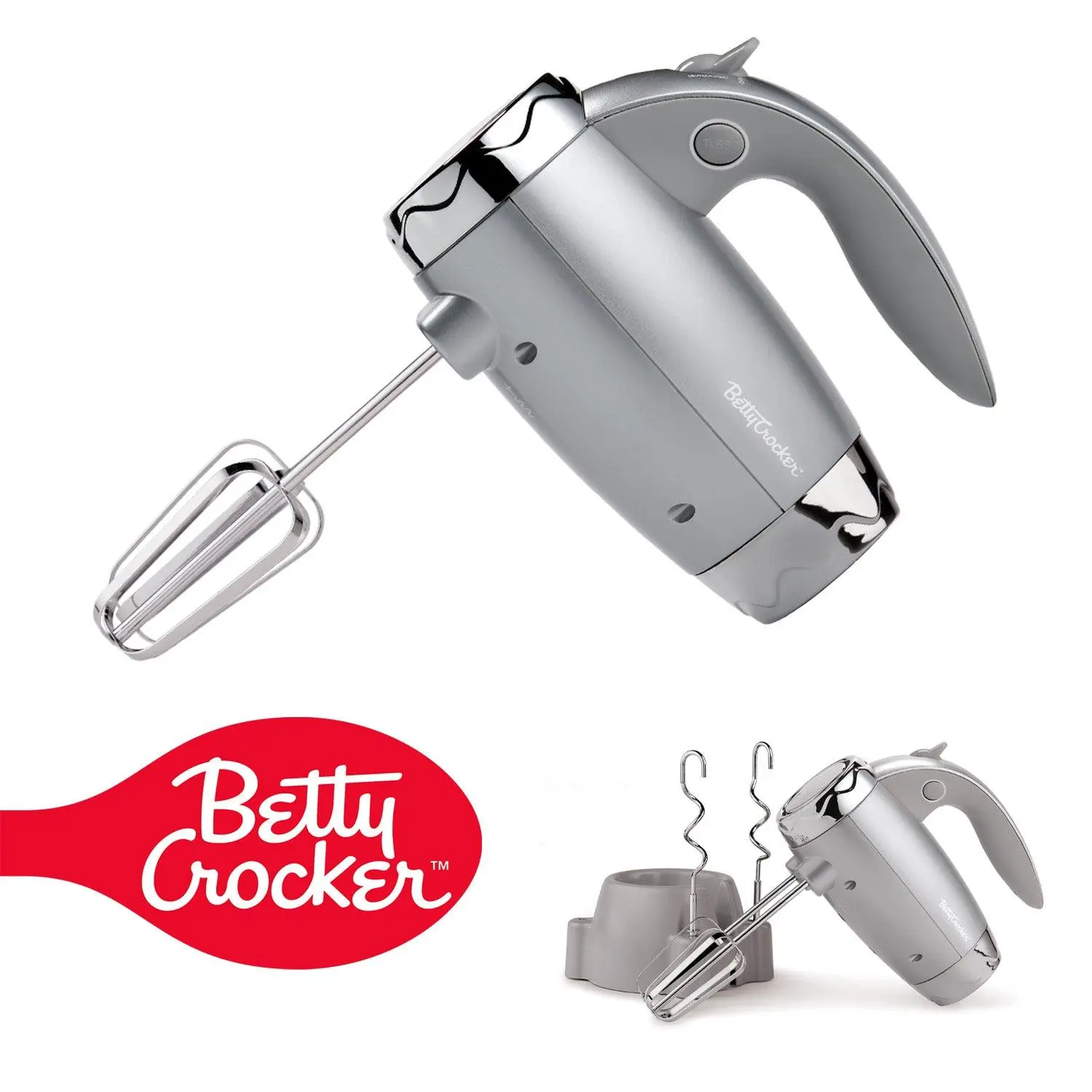 Betty Crocker 7-Speed Power-Up™ Hand Mixer with Stand, 300 Watt Electric Mixer with Beaters and Dough Hooks, Ergonomic Electric Hand Blender for Home & Kitchen with Stand