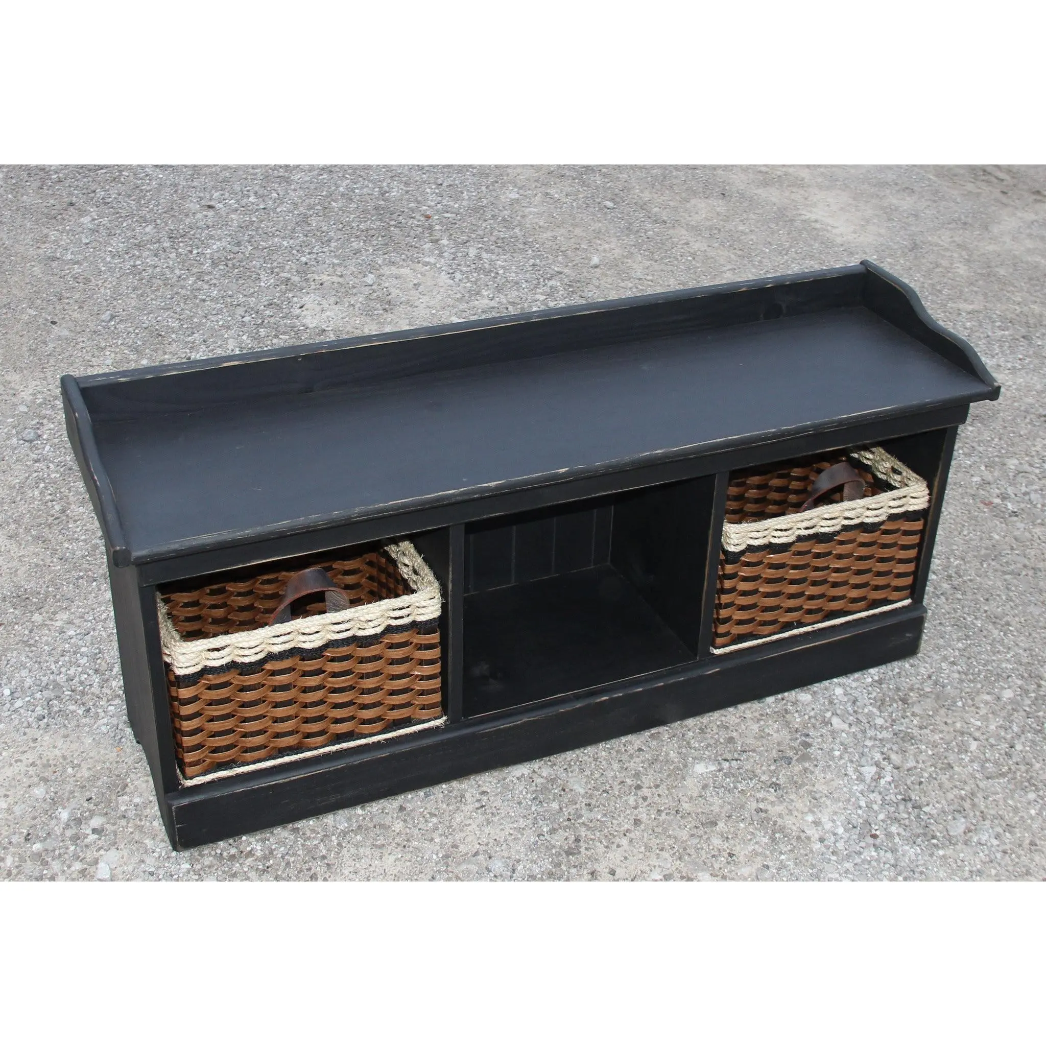 Bench--Distressed Large Wood Bench w/Cubby Baskets