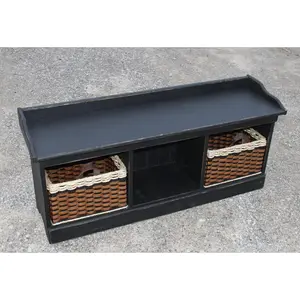 Bench--Distressed Large Wood Bench w/Cubby Baskets
