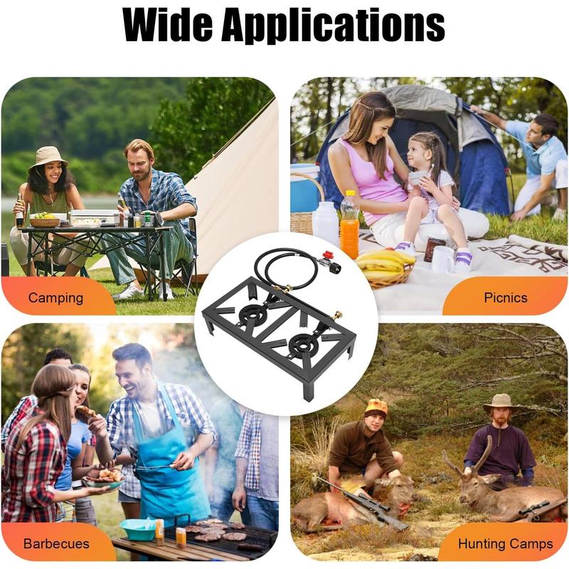 Double Burner Gas Stove, 8000W Portable Outdoor Propane Stove with Adjustable 0-10Psi Regulator Hose for Patio Camping, BBQ, Home Brewing, Turkey Fry, Maple Syrup Prep