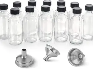 12 Pack, 2 oz Small Clear Glass Bottles w/Lid & 3 Funnels - 60ml Boston Shot Bottles for Health, Immunity, Potion, Wellness, Sample, Ginger, Juice - Mini Personal Care & Beauty Travel Bottle