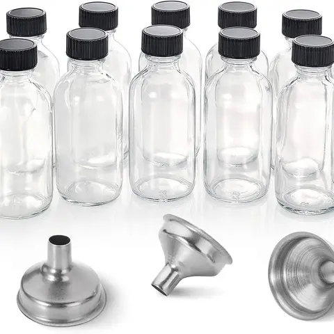 12-Pack 2 oz/60ml Small Boston Shot Glass Style Lidded Cosmetic Magic Potion Storage Bottles & Jars with 3 Funnels, Beauty Home Organizer for Bottle Organization, Easy Visibility of Contents, Maintains Freshness, Travel-Friendly