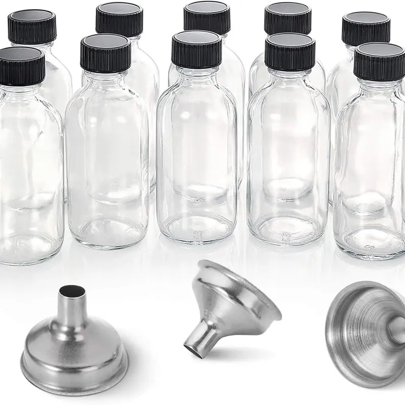12-Pack 2 oz/60ml Small Boston Shot Glass Style Lidded Cosmetic Magic Potion Storage Bottles & Jars with 3 Funnels, Beauty Home Organizer for Bottle Organization, Easy Visibility of Contents, Maintains Freshness, Travel-Friendly