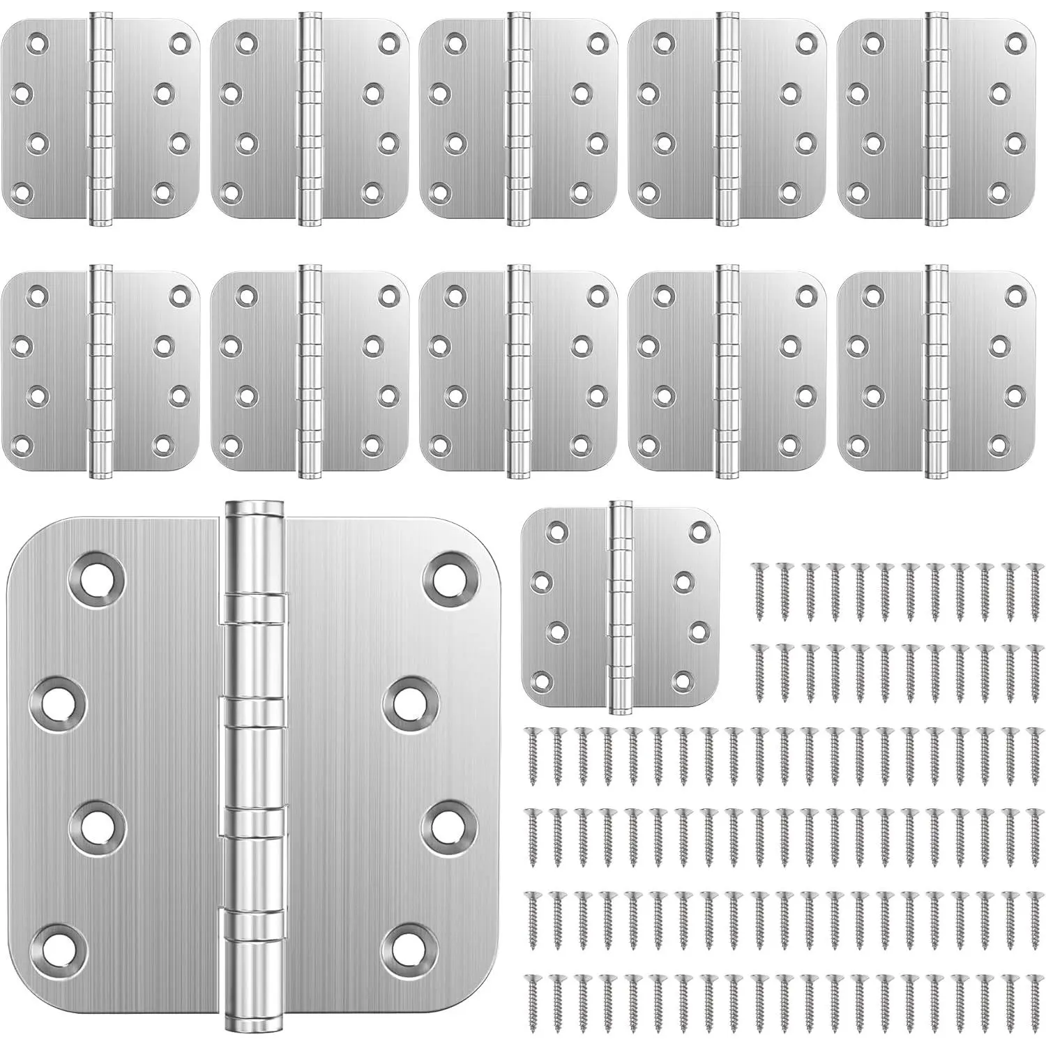 Ball Bearing Door Hinges, 4 x 4 Inches Exterior Door Hinges, 5/8'' Radius Corner Hinges, Heavy Duty Stainless Steel, Smooth and Quiet, Non Removable Pin, Brushed Nickel, 12 Pack