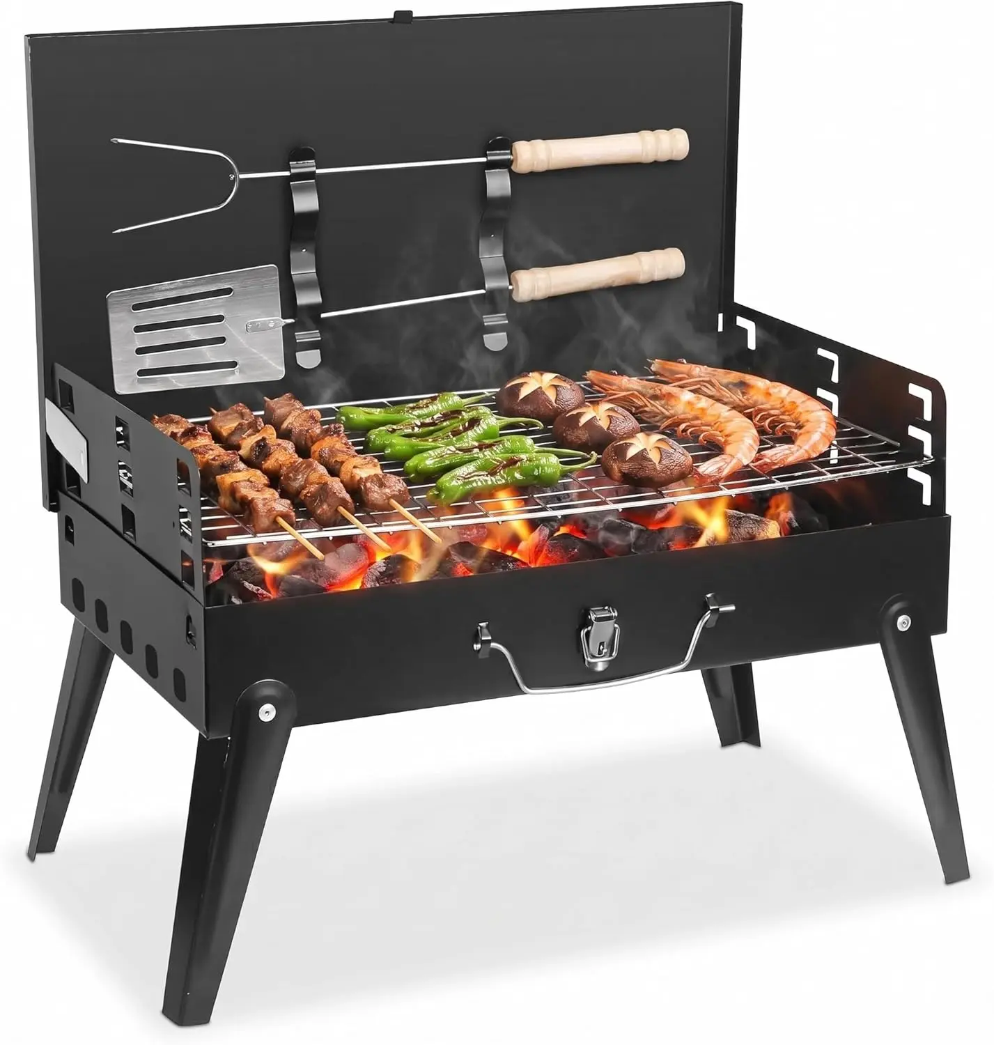Portable Foldable Tabletop Charcoal BBQ Grill with Lid, Side Grill Shelf & Carry Storage Bag, Compact Suitcase Style Small Barbecue Grill for Camping, Picnic, Garden & Backyard Outdoor Cooking, 27*20*10 Inches, Black