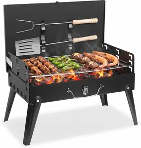 Portable Foldable Tabletop Charcoal BBQ Grill with Lid, Side Grill Shelf & Carry Storage Bag, Compact Suitcase Style Small Barbecue Grill for Camping, Picnic, Garden & Backyard Outdoor Cooking, 27*20*10 Inches, Black