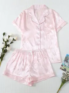 Two-piece Comfortable Cute Satin Light Pink Dandelion Bow Flower Spring and Summer Short-sleeved Lapel Top and Bow Shorts Women's Pajamas Set Loungewear