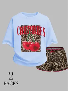 Women's Casual Leopard Print Cherry Letter Tee Set, Summer Fashion High Street Loose Fit Round Neck Top & Bottoms, Ideal Daily Wear