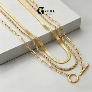 GGIRL 3 Layer 18K Gold Plated Herringbone Twisted Rope OT Toggle Clasp Paperclip Chain Necklace Stackable Set perfect for Everyday Wear,Minimally designed multiple items jewelry accessory for casual summer outfit ,ideal simple dainty gift