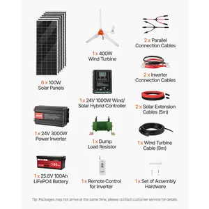 VEVOR 24V 1000W Solar Wind Power Kit, 6*100W Solar Panel+ 400W Wind Turbine+ 25.6V 100Ah LiFePO4 Battery+ 3000W Power Inverter+ MPPT Wind/Solar Hybrid Controller for Home Boat Cabin Farm Off-Grid