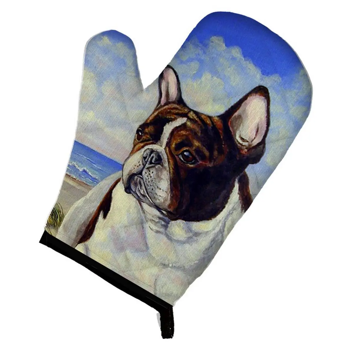 Thick Printed French Bulldog at the Beach Oven Mitt - 8.5" h x 1" w x 12" l, Black Trim Bakeware Kitchen Accessory, Ideal for Mom, Best BBQer, Heat Resistant