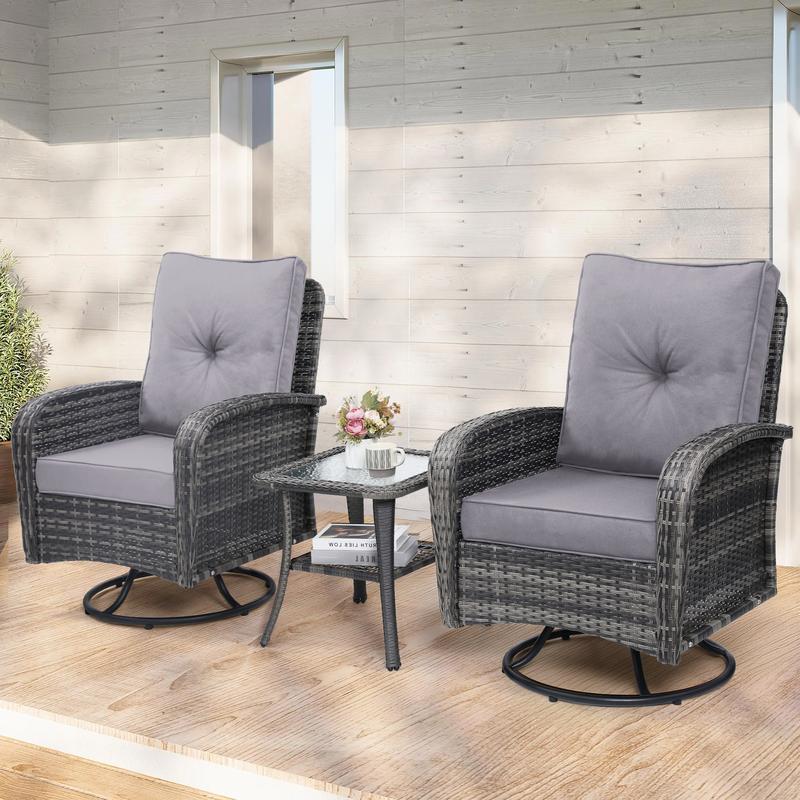 2 Luxury Outdoor Swivel Wicker Glider Patio Chairs with Glass Table Set, Overstuffed Washable Cushions, Ideal for Porch, Balcony, Deck, Grey Rattan and Blue Cushions. wicker  furniture