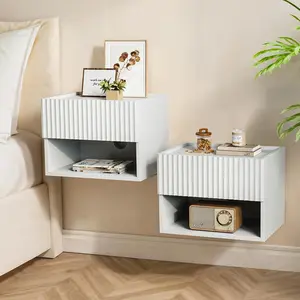 Floating Nightstand Bedroom Bedside Table -  Night Stand Set 2 for Small Spaces, Wall Mounted Cabinet with Storage Drawer, White Modern Night Stand for Dorm Living Room Hallway Entryway