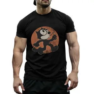 100% Cotton Men'S Vintage Felix Cat Graphic |   Black with Orange Retro Design, Loose Fit, , Casual & Stylish for All Seasons |   Vintage Cartoon Print, Durable Knitwear