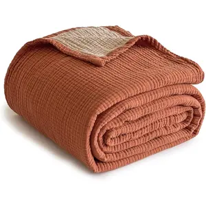 100% Cotton Muslin Blanket King Size, Lightweight Breathable 4 Layering Gauze Blanket for Bed Couch Camping, Soft Bedspread Coverlet All-Season Use (Rust Orange, 104" x 92")