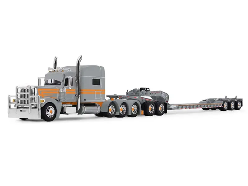 Peterbilt Model 389 w/ 70 Mid-Roof Sleeper and Fontaine Tri-Axle Lowboy Trailer in Silver (Capitola Trucking) Diecast 1:64 Scale Model - DCP 60-2286
