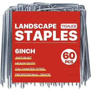 Landscape Staples 6 Inch 60 Pack 11 Gauge, Garden Staples Galvanized Landscape Pins Anti-Rust Landscape Fabric Stakes for Securing Irrigation Tubing, Fence, Weed Barrier, Ground Cover