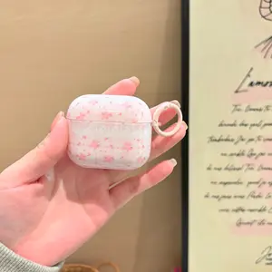 Unique Beautiful Pink Floral Lace Check Flower Pattern Protective Earphone Case with Pink Ring Suitable for AirPods Pro3 Pro2 1 2 3 4 Pro Earphone Protective Cover