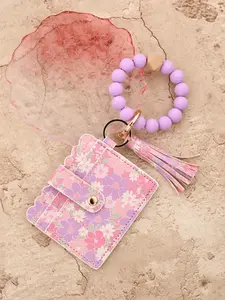 Women's Beaded Fringe Keychain, Floral Pattern Wallet, Cute Fashion Keychain, Elegant Keychain for Keys and Bags, Silicone Bead Bracelet, Trendy Cute Keychain