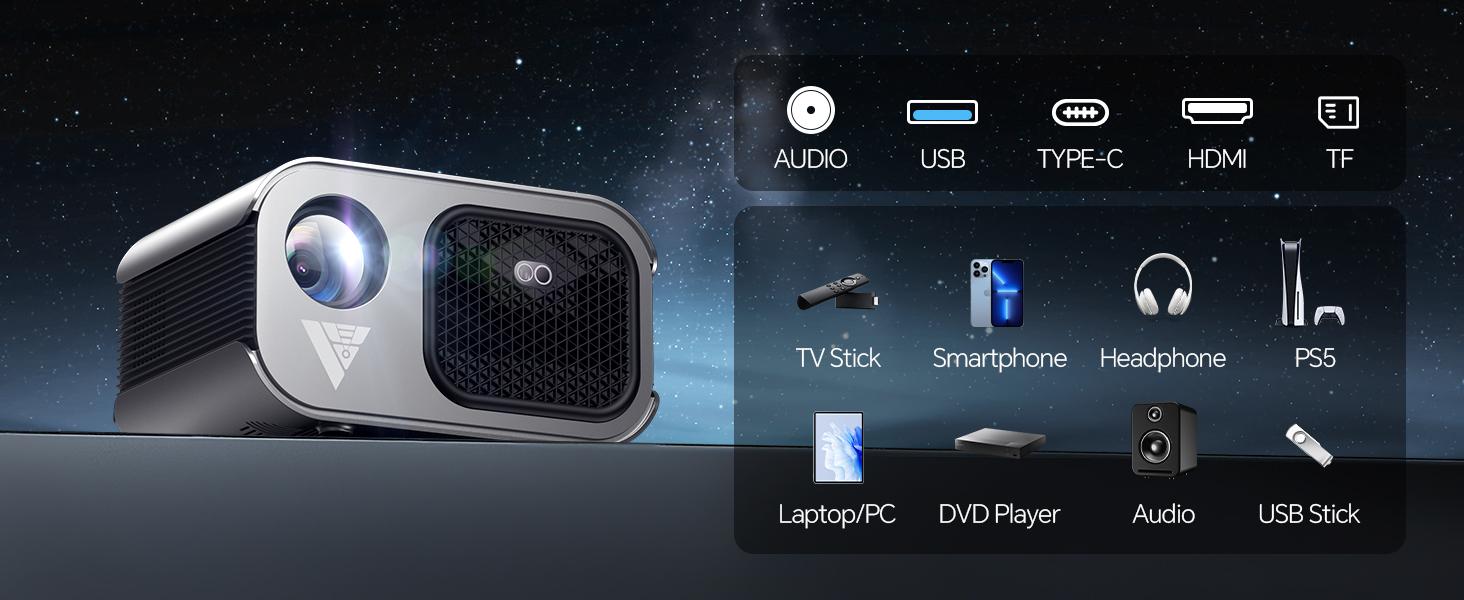 Mini Projector with WiFi and Bluetooth 4K Support, Native 1080P Portable Outdoor Smart Projector, Mirror Screen with Android/iOS/PC Compatible with PC/PS5/Phone/TV Stick (VF340)