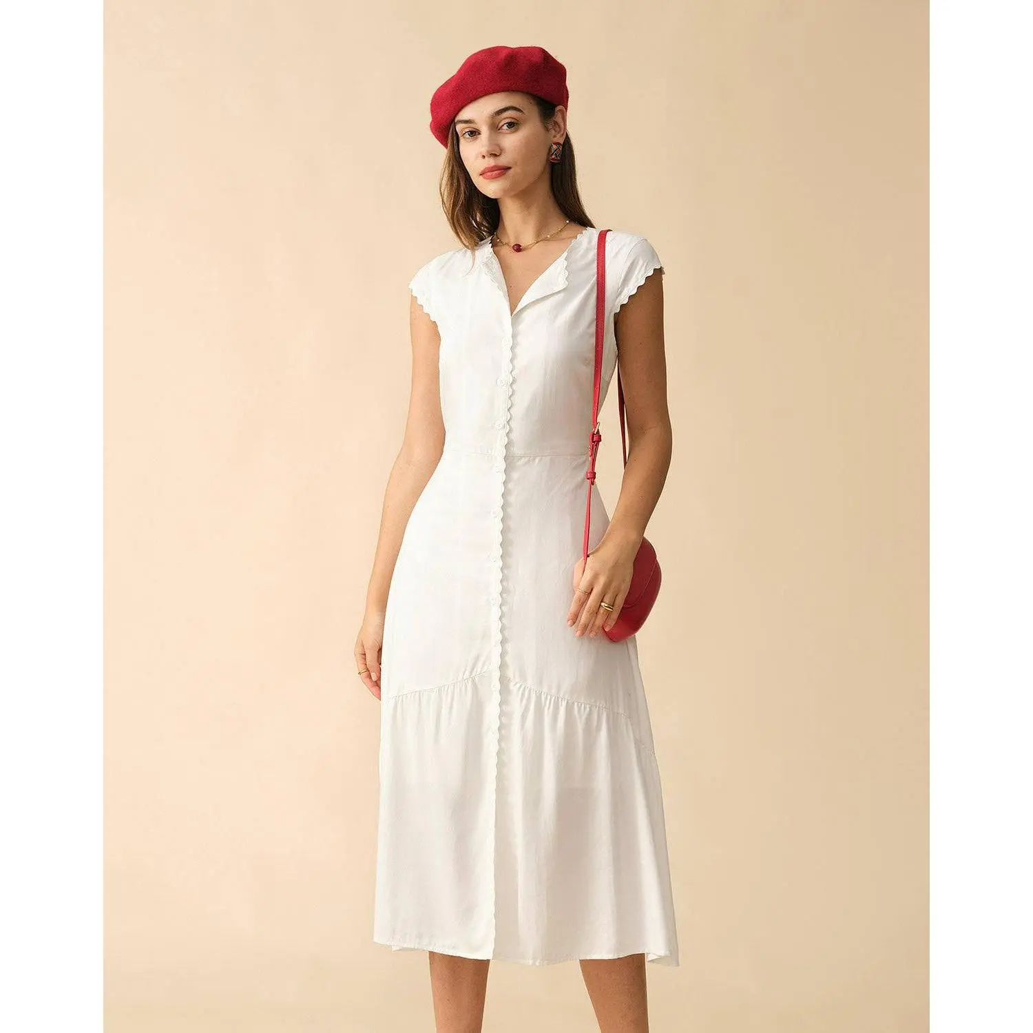 Rihoas Women's Simple Basic Soft Polyester Cotton Blend Fabric Ruffle Lapel Cap Sleeve Midi Dress Classy Plain Lady's Dress for Party, Workwear Occasions