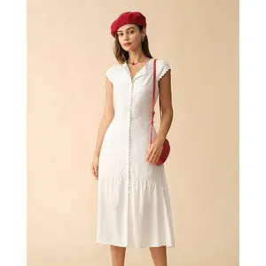 Rihoas Women's Minimalist Polyester-Cotton Blend Ruffle Lapel Cap-Sleeve Midi Dress - Classy Plain Casual Dresses for Cocktail, Work Occasions